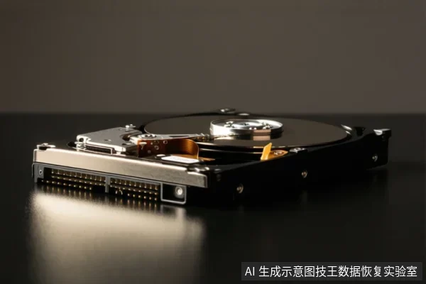 一张机械硬盘的内部结构特写,硬盘外壳被打开,露出金属盘片、磁头组件和接口,放置在深色反光平面上。
