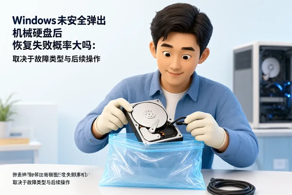 文章内容场景示意图：Windows未安全弹出机械硬盘后恢复失败概率大吗：取决于故障类型与后续操作：正文场景