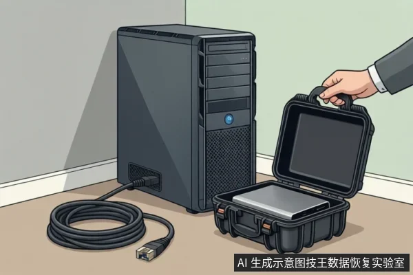 一台黑色台式电脑主机放在桌面上,旁边有一根盘绕的网线,一只手正打开一个黑色防护箱,箱内放着一块银色硬盘。
