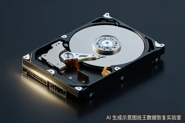 深色背景上放置一块打开外壳的机械硬盘,可见金属盘片、中心主轴、磁头组件和侧边接口,左下角有暖色反光。