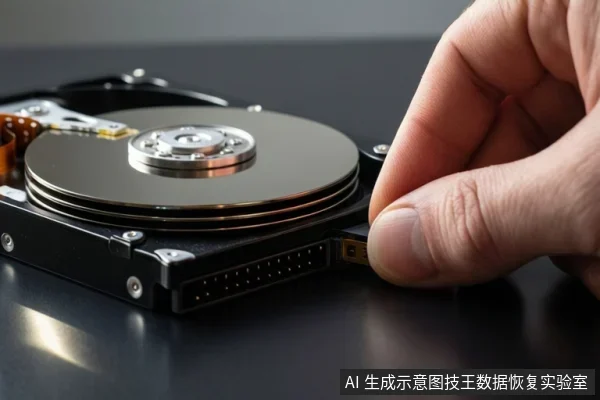 深色桌面上放置一块打开顶盖的机械硬盘,可见盘片、主轴和接口;一只手正捏住硬盘侧面的小型接口边缘。