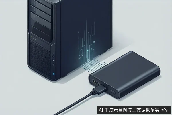 黑色台式电脑主机旁放置一个黑色移动硬盘,硬盘通过USB线连接,主机侧面有电路图案示意数据连接。