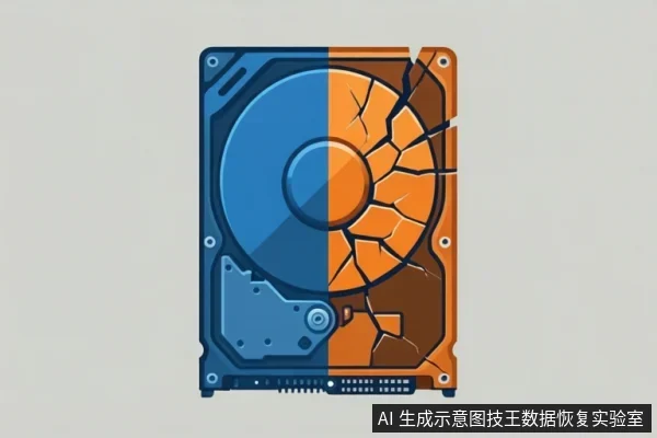 一张硬盘示意图,左半部分为蓝色,右半部分为橙色且布满裂纹,象征硬盘损坏。