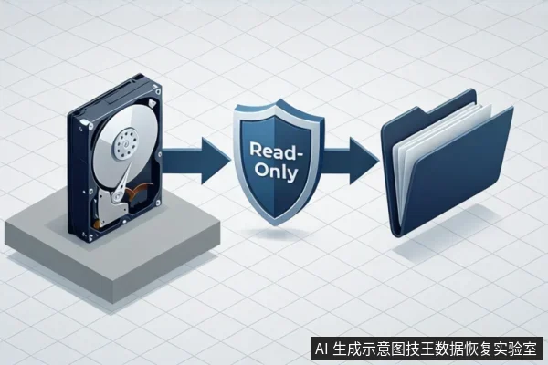 一块机械硬盘通过箭头指向写有Read-Only的盾牌,再指向一个文件夹,示意只读访问流程。