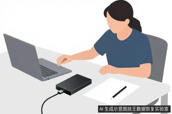 一名亚洲女性坐在桌前操作笔记本电脑,桌面上放着一块通过USB线连接的黑色外置硬盘,旁边有纸和笔。