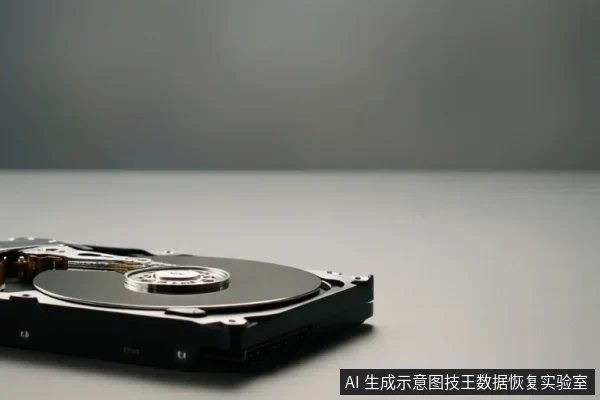灰色桌面上平放一块打开外壳的机械硬盘,可见圆形盘片、中心主轴和读写磁头臂,设备处于静止状态,无连接线缆或操作动作。