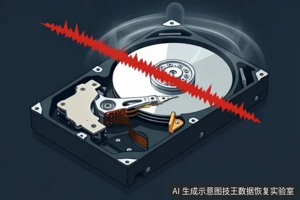 深色背景中展示一块打开外壳的机械硬盘,可见盘片、主轴、磁头臂和接口,盘片上方有红色锯齿状斜线贯穿,示意故障或禁止操作。