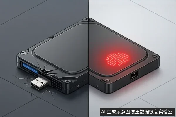 移动硬盘接口断裂,USB线脱落,旁边硬盘指示灯亮红,显示故障状态。