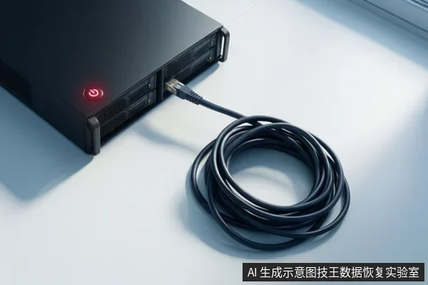 黑色机架式服务器前端,红色电源指示灯亮起,一根黑色网线连接至网口,线缆盘绕在白色桌面上。