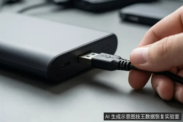 一只手正将USB数据线插入黑色移动硬盘的接口,背景为桌面环境。
