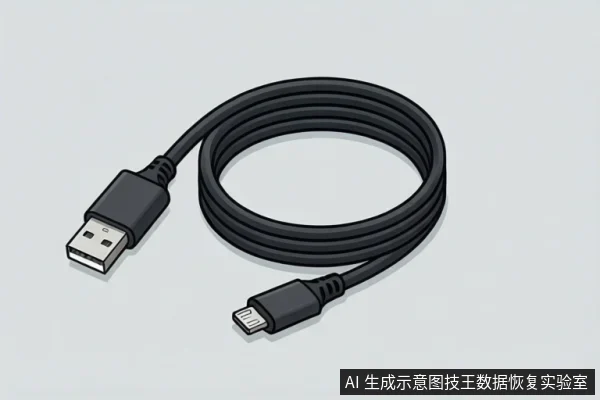 画面中是一根盘绕的黑色数据线,左侧为USB-A接口,右侧为Micro-USB接口,背景为浅灰色。