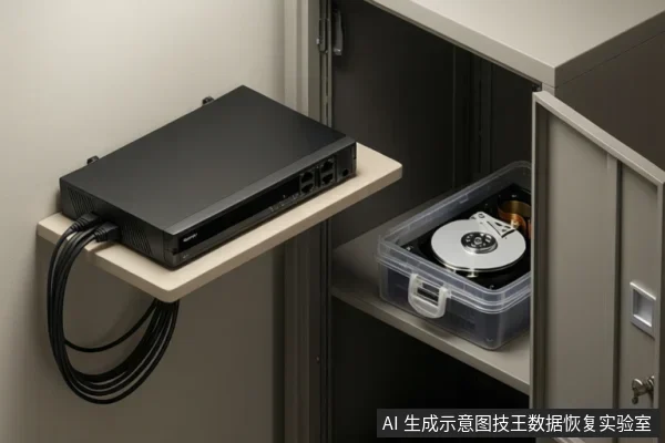 机柜外搁板上放着一台黑色录像机,多根网线垂下;柜内透明盒中装有一块机械硬盘。