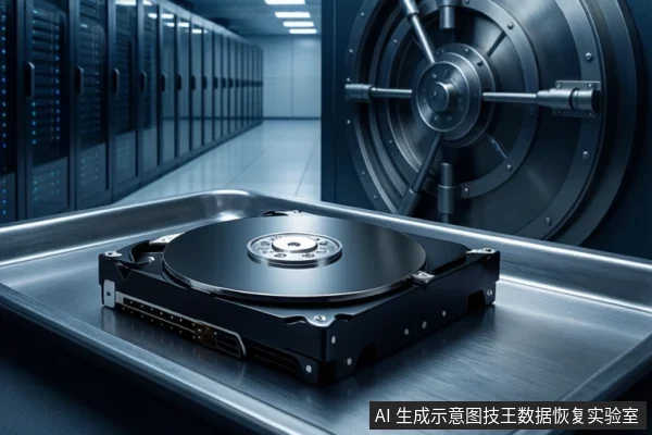 画面前景为金属托盘上放置的一块打开外壳的机械硬盘,可见盘片与中心主轴;背景左侧为成排服务器机柜,右侧为开启的圆形金属库门。