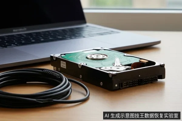 木桌上放置一台打开的笔记本电脑,前景有一块打开外壳的机械硬盘和一圈黑色线缆,背景为窗边环境。