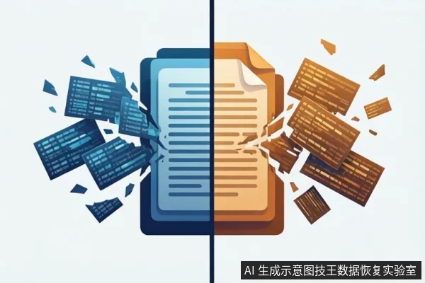 画面中央为一份被竖直分割成蓝橙两色的文档图标,两侧均有碎片向外飞散,象征文件结构破碎或数据块重组失败。