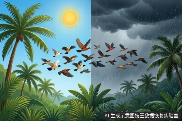 热带丛林场景,画面左右分割,左侧晴空万里,右侧乌云密布降雨,一群飞鸟在中间区域飞行。