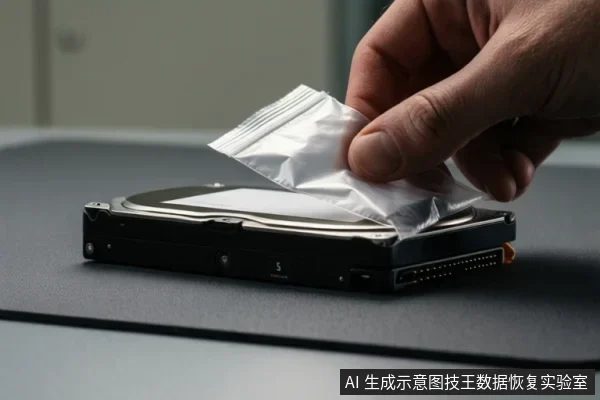 一只手正将一张白色防静电袋覆盖在一块裸露的机械硬盘上,硬盘平放在深色防静电垫上。