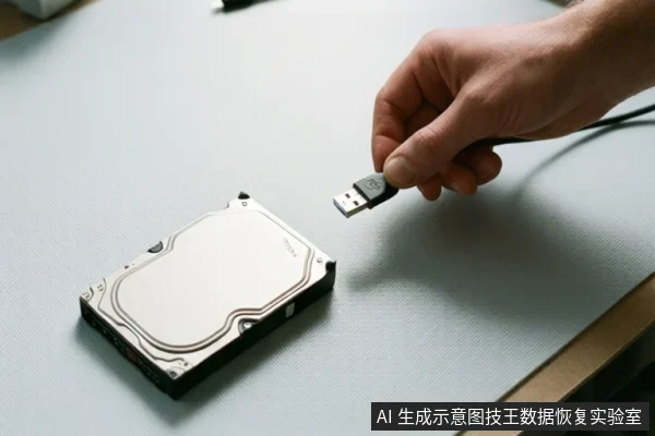 桌面上放置一块裸露的机械硬盘,一只手正拿着USB接口靠近,准备连接。