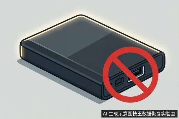 灰色背景上放置一个黑色长方形移动硬盘，侧面可见接口，右下角叠加红色禁止符号覆盖接口区域，无可见文字。