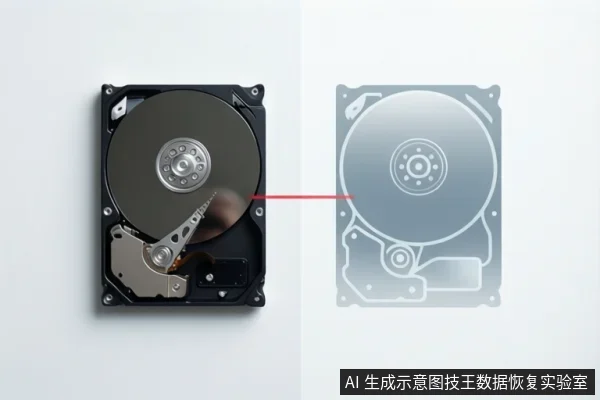 画面左侧为一块打开外壳的机械硬盘，盘片与磁头组件清晰可见；右侧为同一硬盘的半透明线框示意图，红色箭头从左侧磁头指向右侧示意图的盘片中心区域。