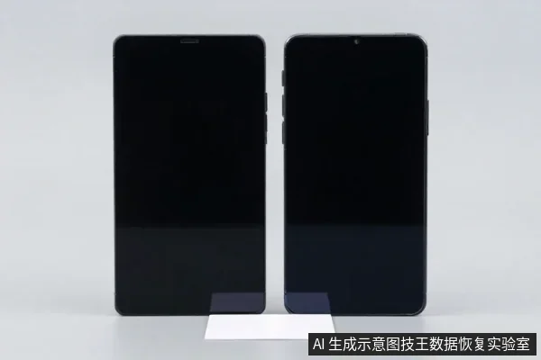 两部黑色智能手机并排竖立在浅色台面上,屏幕均为黑色,底部垫有白色卡片。