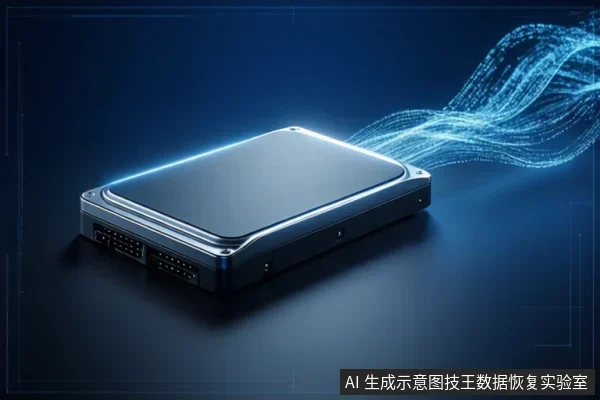 深蓝色背景中放置一块闭合的机械硬盘，边缘有蓝色光带，右侧延伸出蓝色数据流线条。