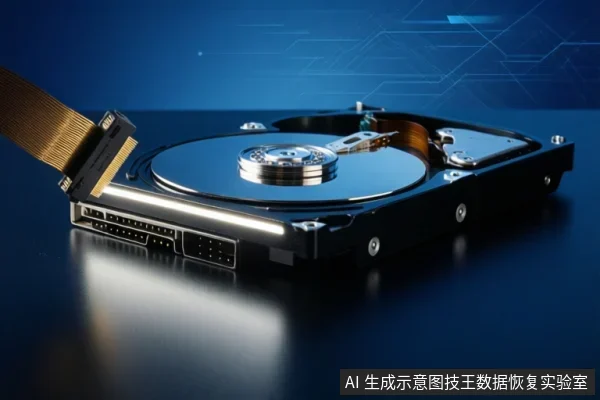 一块裸露盘片的机械硬盘平放在深色反光台面上，接口处连接着一条扁平排线，背景为蓝色科技线条图案。