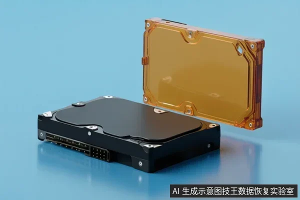 蓝色背景上展示一个打开的硬盘外壳,内部盘片结构可见,旁边放置一个透明橙色硬盘外壳。