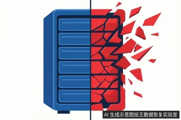 画面中央为一块竖直放置的硬盘示意图，左半为蓝色完整结构，右半为红色并布满裂纹，右侧有碎片向外飞溅，中间有一条竖直分割线。