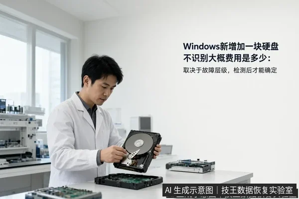 文章内容场景示意图：Windows新增加一块硬盘不识别大概费用是多少：取决于故障层级，检测后才能确定