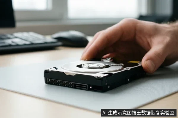 一只手正在操作一个打开的机械硬盘，硬盘盘片和磁头组件暴露在外，放置在桌面的垫子上，背景有键盘和鼠标。