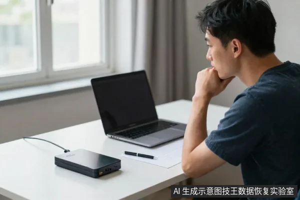 一名亚洲男子坐在白色桌前,手托下巴看着打开的笔记本电脑,桌上放着一块黑色外置硬盘、一支笔和一张白纸。