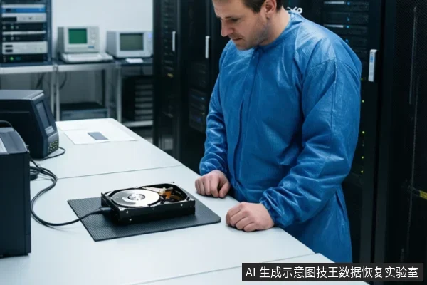 穿蓝色防静电服的技术人员站在机房工作台前,低头查看台面上打开的机械硬盘,背景有服务器机柜和旧式电脑。