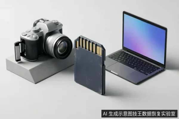 一台相机放在灰色台座上,中间竖立一张带金手指的存储卡,右侧是一台打开的笔记本电脑,三者呈静态展示。