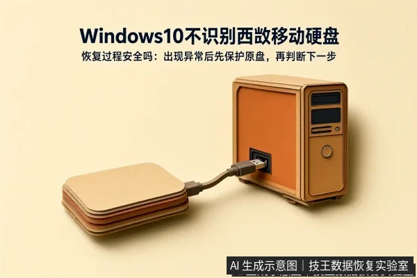 正文场景：文章内容场景示意图：Windows10不识别西数移动硬盘 恢复过程安全吗：出现异常后先保护原盘，再判断下一步