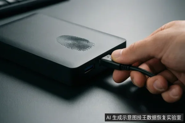 一只手将USB数据线插入带有指纹图案的黑色移动硬盘侧面接口,旁边可见另一个蓝色USB接口。