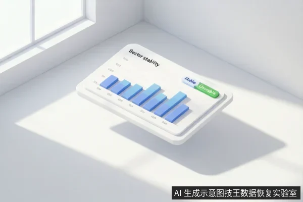 白色台面上放置一块白色面板,上面有蓝色柱状图和“Sector stability”字样,旁边有“stable”与“Unstable”标签,背景为窗边白墙。