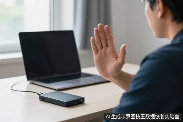 一名男子坐在桌前，面对笔记本电脑抬起右手做出停止手势，桌上放着一块连接线缆的黑色移动硬盘。