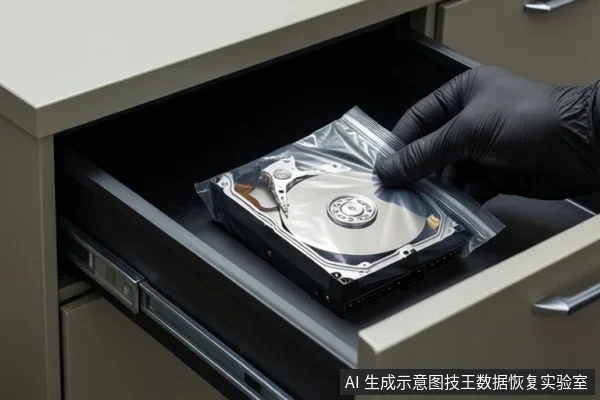 戴黑色手套的手正从打开的柜体抽屉中拿起一块装在透明防静电袋里的机械硬盘。