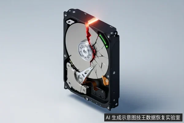 一块打开外壳的机械硬盘，盘片表面出现明显裂纹，顶部边缘有发光的红色裂缝效果，背景为浅灰色。