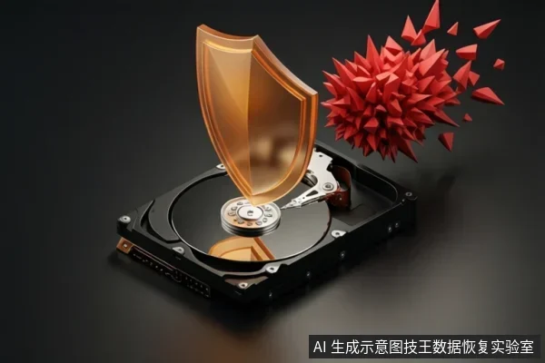 一个打开的机械硬盘,上方有金色盾牌,右侧有红色尖刺状物体撞击,示意防护与冲击。