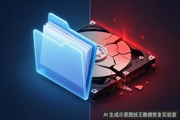 画面左侧为蓝色发光文件夹图标，右侧为红色裂纹机械硬盘盘片，周围有碎片与火花，背景为深色渐变。