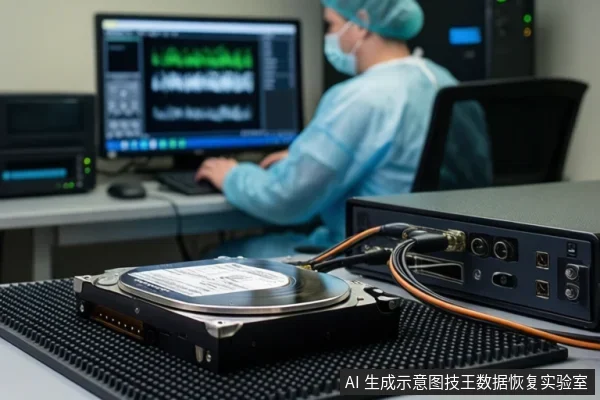 前景黑色防静电垫上放置一块机械硬盘,通过橙色线缆连接至右侧设备;背景中穿蓝色防护服的人员正坐在电脑前操作。