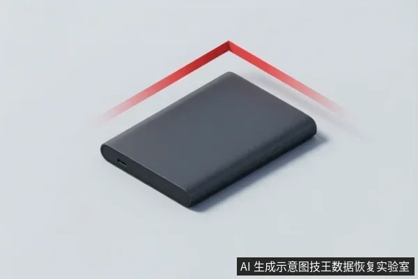 浅灰背景中,一个深灰色移动硬盘平放,上方有红色折线示意,无文字。