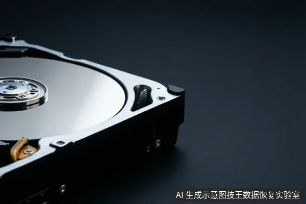 黑色背景上展示一个打开的机械硬盘,可见金属盘片、中心主轴和磁头组件,设备处于静止状态。