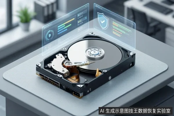 桌面上放置一块打开的机械硬盘，上方悬浮显示数据图表与盾牌对勾图标。