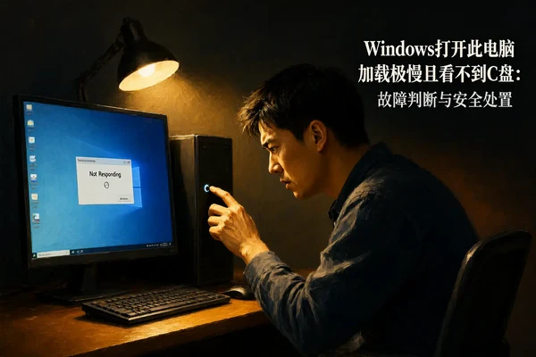 文章内容场景示意图：Windows打开此电脑加载极慢且看不到C盘：故障判断与安全处置：正文场景
