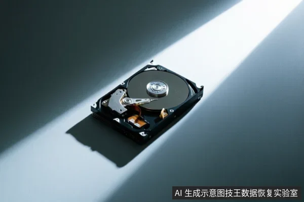 一个打开外壳的机械硬盘放置在灰色平面上,可见盘片、主轴和磁头臂,一道斜向光带穿过画面。