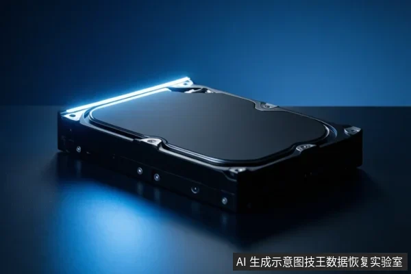 蓝色背景下的黑色机械硬盘主体,顶部边缘有蓝色光带,侧面可见螺丝孔位,无文字或操作动作。