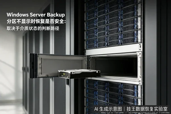 文章内容场景示意图：Windows Server Backup 分区不显示时恢复是否安全：取决于介质状态的判断路径